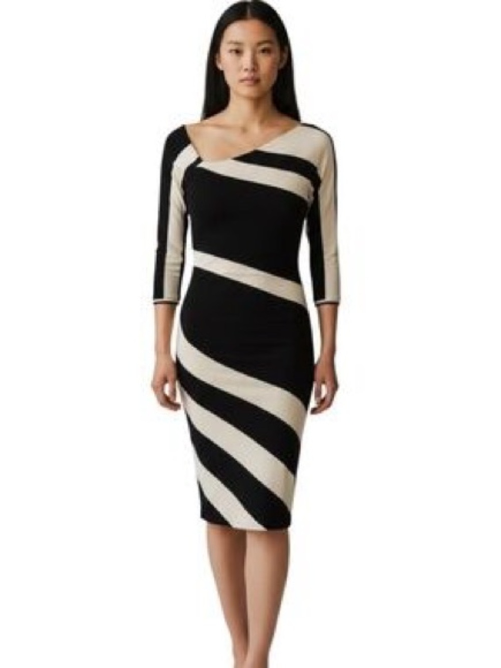 Bordeaux Anthropologie Black and Cream Diagonal Stripe Midi Dress
